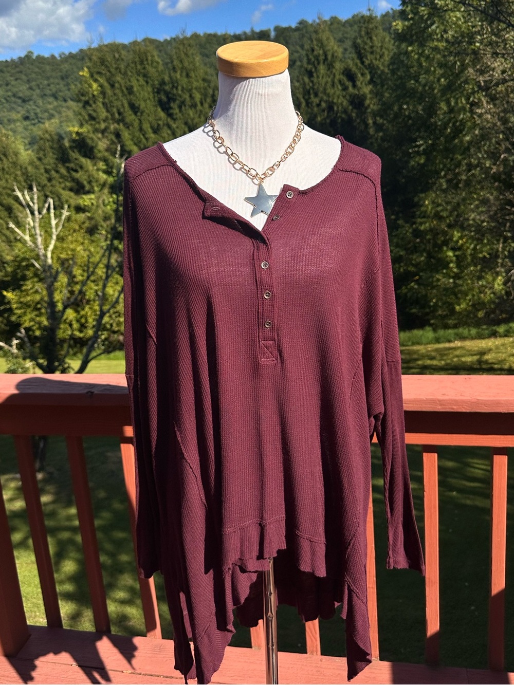 Free People Waffle Knit Burgundy Henley Long-Sleeve Tunic Top